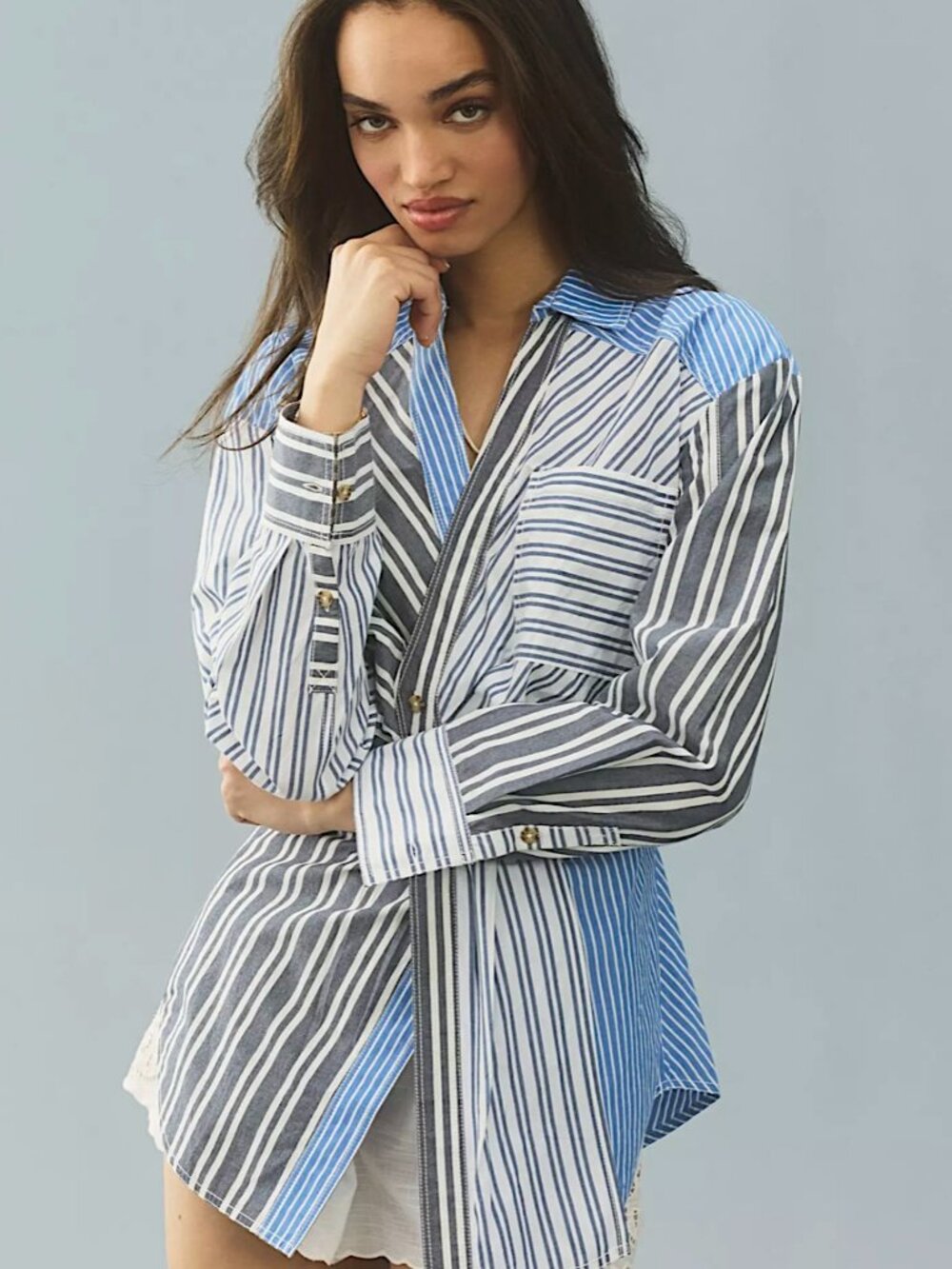 Anthropologie x Pilcro Reworked Mixed Striped Button Down Shirt Size XS Blue